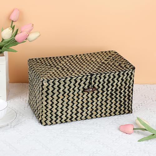 Hipiwe Wicker Shelf Baskets with Lid Seagrass Storage Baskets Handwoven Household Organizer Rectangular Woven Organizer Box for Storage Shelf Wardrobe,Medium - color: Black, size: Medium