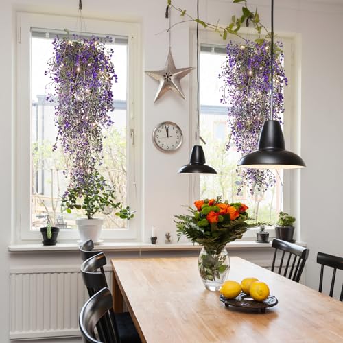 RECUTMS Artificial Hanging Plant 4 Pack Fake Fern with LED Lights Ivy Vines 2.5ft Faux Hanging Greenery Vine for Home Garden Wall Office Wedding Party Decoration (Purple) - color: Purple-light