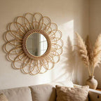 OYPEIP 22" Large Rattan Innovative Art Decoration Round Makeup Mirror Dressing Bedroom Bathroom Wall Hanging Mirrors Craft Photo Props,Glass Decor