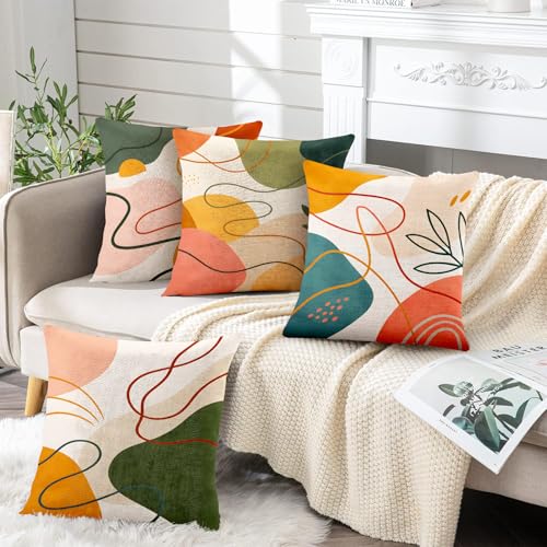 BVBOX Set of 4 Throw Pillow Covers 18"x18", Double-Sided Decorative Pillow Cases, Soft Flax/Short Plush Pillow Covers for Bed, Sofa, Couch, Living Room, Bedroom (Flax, Abstract Lines) - color: Abstract Lines