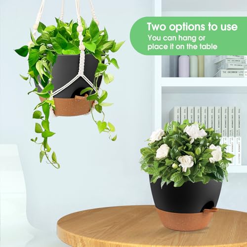 Hanging Planters for Indoor Outdoor Plants, 2 Pack Self Watering Hanging Pot with Drainage Holes, Removable Tray & 2 Kinds of Plant Hangers, 10'' Hanging Flower Pots for Home Garden Decor, Black - color: Ivory+black+black, size: 10''