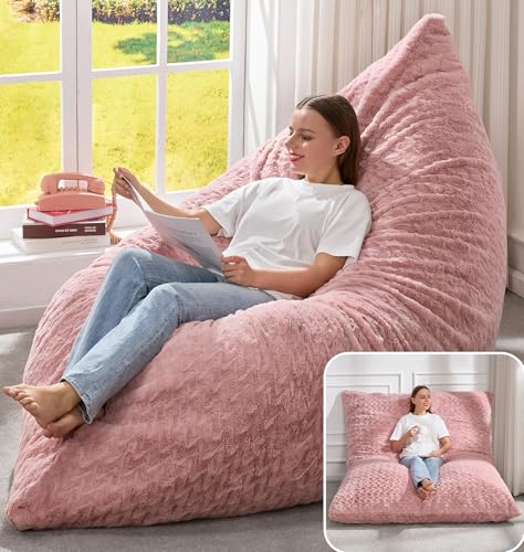 Hobestluk 3 in 1 Bean Bag Chair Giant Bean Bag Chairs for Adults with Chevron Plush Fur Cover Convertible Bean Bag Floor Cushion with Machine Washable Cover for Living Room (Chevron Plush Pink) - color: Rose Pink