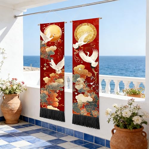seewan 2 Pack Long Vertical Wall Tapestry, Boho Nature Landscape & Floral Aesthetic Wall Hanging for Bedroom Living Room Home Decor, Long Narrow Art Tapestry with Sunrise Mountain Botanical Designs, 13" × 51" (Orient Golden Festive, 13"Wx51"H, Unframed) -