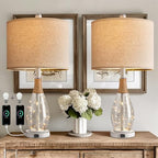 OYEARS 23" Table Lamps for Living Room Set of 2 Bedside Lamps for Night Stands Bedroom Lamps Farmhouse Rattan Boho Lamp Glass Nightlight End Table Lamp with USB C+A (White),Two Light Points - color: Washed White