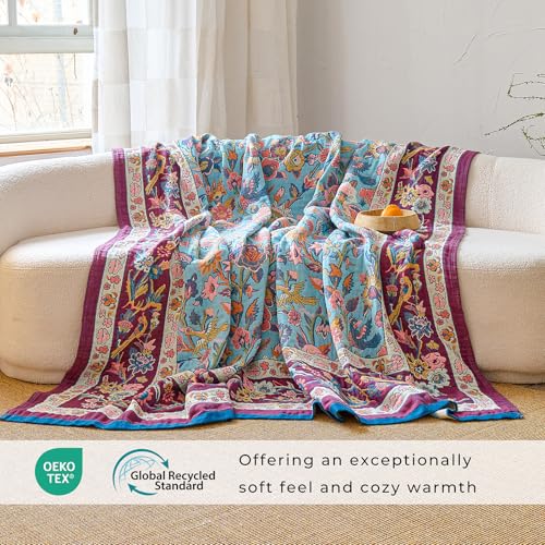 Boho Throw Blanket,50"x60" 100% Organic Cotton Soft Floral & Bird Summer Muslin Blanket,Purple Rustic Farmhouse Decorative Cotton Quilt for Couch,Bed,Chair,Home Decor,Gift for All Season - color: Floral Slumber, size: 50"x60"
