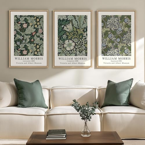 Framed William Morris Canvas Wall Art Green Decor Set of 3, Vintage Large Floral Artwork Prints, Boho Farmhouse Botanical Picture Prints for Living Room, Bedroom, Hallway, Office, Total Size 30x60 - color: Green, size: 20"W x 30" H x 3Pcs
