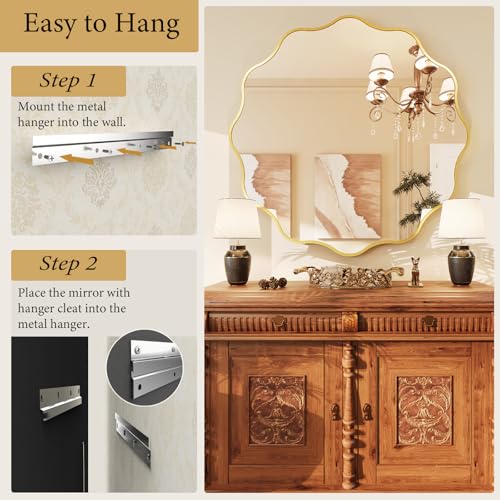 Kelly Miller 36 Inch Gold Round Wavy Mirror, Large Scalloped Edge Decorative Wall Mirror for Bathroom Bedroom Living Room Entryway Vanity Fireplace - size: 36"L x 36"W