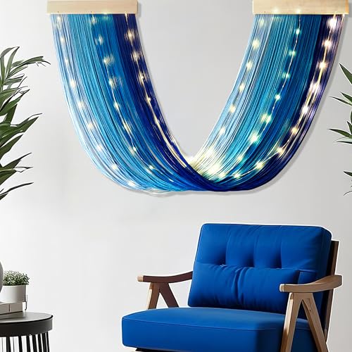 Macrame Fairy Lights Battery Operated with Remote,Large Macrame Wall Hanging with 20ft 100 LED String Lights, Blue Gradient Warm White Light for Living Room,Bedroom,Christmas,Holiday Deco - color: Blue-Warm White