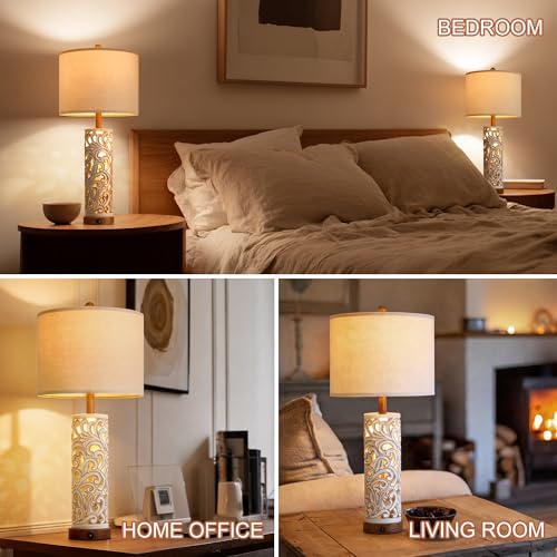 OYEARS 2-in-1 Light Table Lamp Set of 2 for Living Room, 28.5" Farmhouse Bedside Lamps with USB Charging Port, Main&Night Light & Dual Switches, Nightstand Lamp for Bedroom Home Office(Bulb Included) - color: Washed White and Brown
