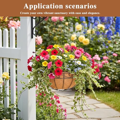 4 Pack Hanging Planter for Outdoor Plants 14 inch Metal Hanging Flower Basket with Coco Coir Liner Round Wire Plant Holder Chain Flower Pots Outdoor Garden Decoration Watering Hanging Baskets（HB） - size: 14" x 4 Pack, style: Flower Border