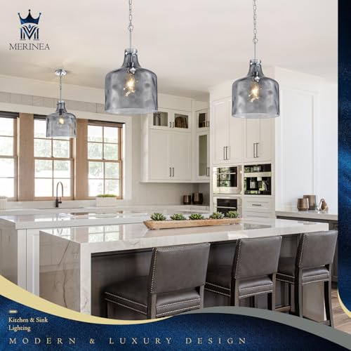 Farmhouse Pendant Light – Hand-Blown Smoked Gray Hammered Glass Shade, Polished Chrome Finish, E26 Socket, Adjustable Chain Hanging Fixture for Kitchen Island, Dining Room & Hallway, 15" H x 12" D - color: Chain Smoked