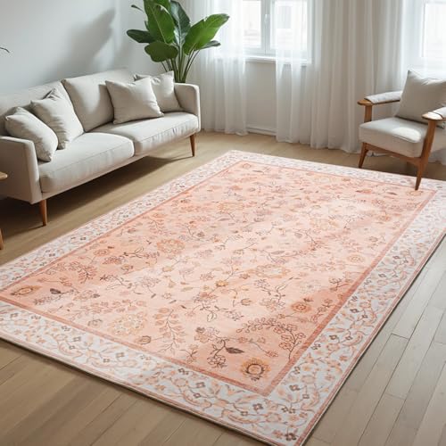 CRYPTOLITE Area Rug 4x6, Washable Faux Wool Throw Rugs for Living Room, Non Slip Low Pile Vintage Boho Carpet for Dining Room, Home Office, Bedroom, Kids Room, Bedside (Cinnamon) - color: Spring Flower - Cinnamon, size: 4' x 6' (Rectangular)