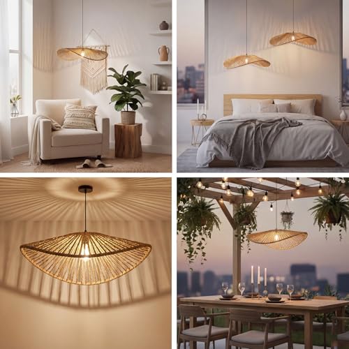 3 Set 11 Inches Cloud Shaped Rattan Pendant Light Shade, Woven Rattan Lamp Shades for Ceiling Lighting, Natural Handcrafted for Dining Room, Kitchen Ceiling(Small Cloud Lampshade)