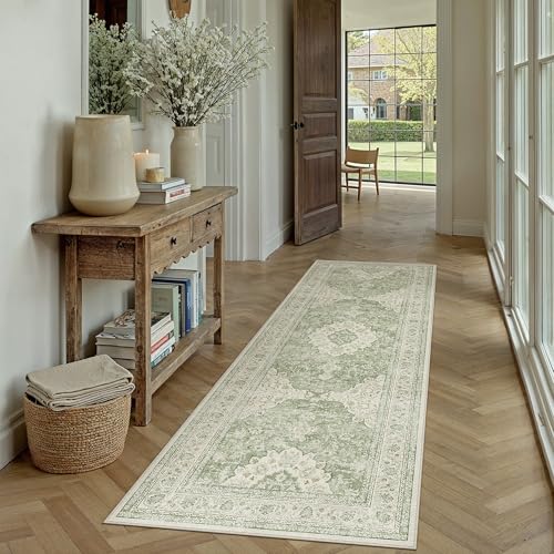 2x6 Green Washable Vintage Runner Rug for Living Room Bedroom Soft Tranditional Non Slip Area Rug Lightweight Floral Low Pile Distressed Runner Entrance Laundry Room Hallway - color: Vintage | Green, size: 2'x6'