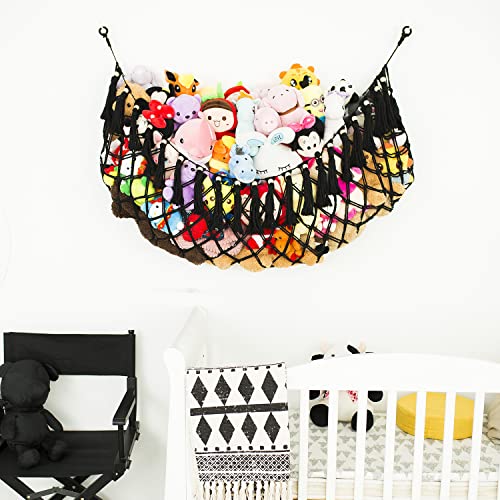 Stuffed Animal Hammock Wall Mounted Hanging Net for Stuffed Animal Storage Holder Handmade Macrame Toy Hammock Boho Nursery Organizer Plushies Net(Black) - color: Black for Wall, size: 60" W