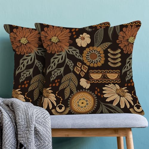 Boho Brown Plant Pillow Covers 16x16 Inch Set of 2, Boho Floral Outdoor Decorative Brown Tropical Leaves Throw Pillows Retro Bohemian Flower Couch Cushion Case for Chair Sofa Bedroom - color: Vc1, size: 16" x 16" (Pack of 2)