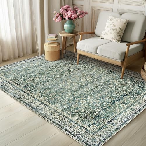 Blue and Green 5x7 Area Rugs for Living Room Christmas Low Pile Soft Moody Floral Rug with Washable Non Slip Boho Vintage Oriental Indoor Carpet for Bedroom Dining Room,5 by 7,Teal - color: Dark Green, size: 5' x 7' (Rectangular)