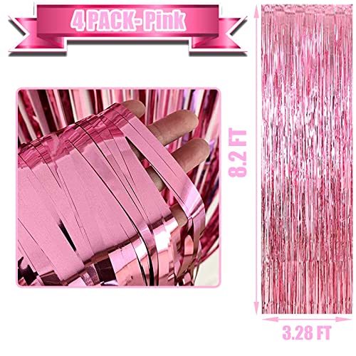 4 Pack Pink Foil Fringe Curtain Backdrop, 3.28Ft x 8.2Ft Metallic Tinsel Foil Fringe Streamer Curtains for Photo Booth Props, Birthday, Wedding, Valentine's Day Decoration Party Supplies - color: Pink