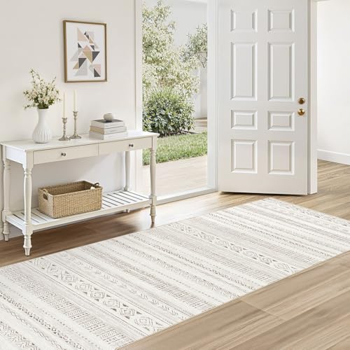 cotiled Hallway 2.6x8 Runner Rugs: Washable Boho Rugs with Non Slip Backing Large Soft Indoor Low Pile Carpet for Living Room Bedroom Farmhouse Dining Room Lightweight Home Decor L Brown/Cream - color: Light Brown/Cream, size: 2.6' x 8' (Runner)