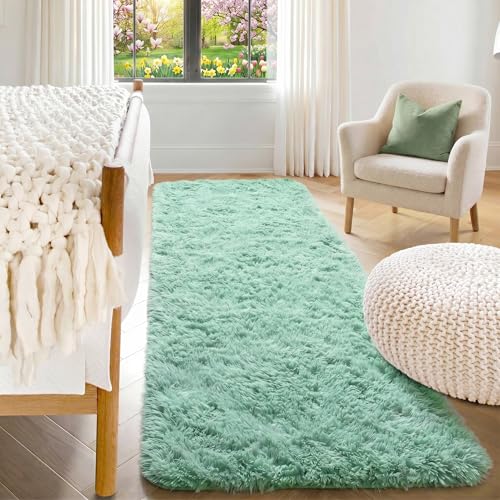 ONASAR Sage Green Runner Rugs for Bedroom Living Room, Fluffy 2x6 Bedside Hallway Area Rug, Ultra Soft Plush Furry Faux Fur Non Slip Floor Carpet for Nursery Kids Dorm Closet Home Decor Aesthetic - color: Sage Green, size: 2' x 6' (Runner)