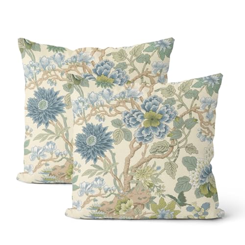 Chinoiserie Throw Pillow Covers 16x16 Inch 2 Pcs Sage Green Blue Floral Decor Pillow Covers Vintage Flower Spring Summer Outdoor Seasonal Decorative Pillowcase Linen Cushion Cover for Couch - color: Chinoiserie Blue Green Floral, size: 16" x 16" (Pack of