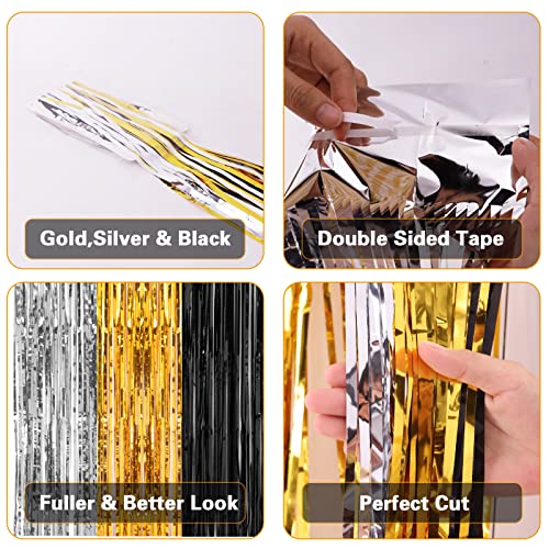 PIGETALE, 2 Pack 3.2x8.2 Feet Silver Black and Gold Tinsel Foil Fringe Curtains Streamers Backdrop for Bridal Baby Shower Wedding Engagement Birthday Graduation Bachelorette Holiday Party Decorations - color: Black, Silver and Gold