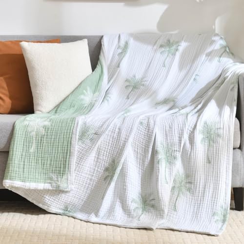 100% Cotton Muslin Throw Blanket King 104"x92", Vintage Indoor and Outdoor Use, Reversible and Breathable Fabric for Yard Picnics, Bedding or Chair Cover, Green - color: Root={'value': "['Palm']"}, size: \'King (104" x 94")\'