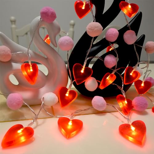 ChiRee Red Heart String Lights 9.85 Ft Valentines Light with 20 LEDs 20 Pink Pom Poms Garland Lights Battery Operated with Timer Valentines Decorations for Wedding Party Valentine Decor - style: Pink-Red Heart