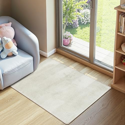 jinchan Solid Plush Area Rug 2x3 Performance Shaggy Washable Rug Indoor Entryway Doormat Soft Modern Faux Wool Cozy Non Slip Carpet for Living Room Kid Room Bedroom Nursery Ivory - color: Solid Ivory, size: 2' x 3' (Rectangular)