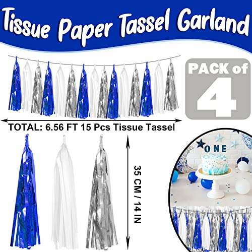 4P Navy-Blue White-Silver Foil Fringe Metallic Tassel Garland Banner, Tassels Banner Streamers for Parade Floats, Bachelorette, Wedding, Birthday, Halloween, Bridal/Baby Shower Party Decorations - color: Blue White Silver