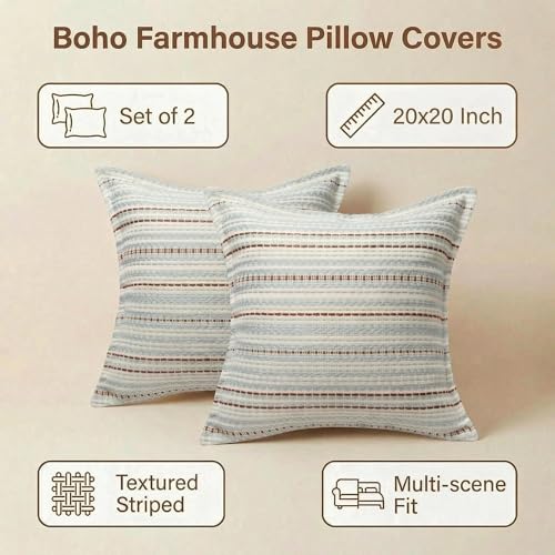Mantle & Mason Boho Farmhouse Throw Pillow Covers 20x20 Set of 2, French Vintage Slate Blue Couch Pillow Covers, Jacquard Decorative Pillow Covers for Living Room Decor - color: Stripe Blue, size: 20" x 20" (Pack of 2)