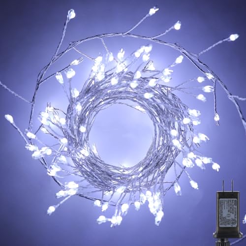 Minetom Fairy Lights Plug in, 10Feet 200LED Cluster String Lights, Silver Wire Waterproof Starry Firecracker Lights for Ceiling Bedroom Wreath Window Wedding Christmas Tree Decorations, Pure White - color: Pure White, size: 1 Pack(200LED)