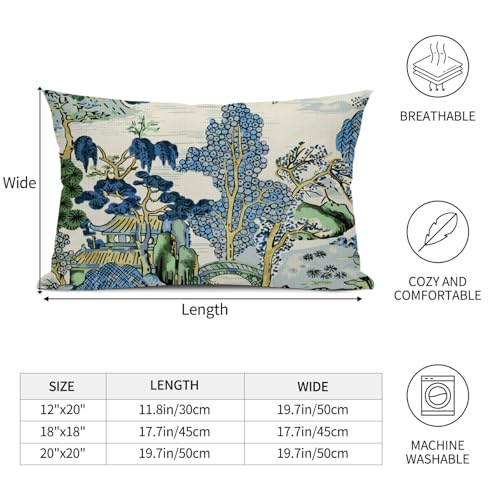 Chinoiserie Lumbar Pillow Covers 12 x 20 Set of 2 Asian Scenic Polyester Throw Pillow Cover Vintage Blue and Green Farmhouse Decorative Pillowcases for Living Room Couch Bed Sofa Outdoor - color: Chinoiserie, size: 20" x 12" (Pack of 2)