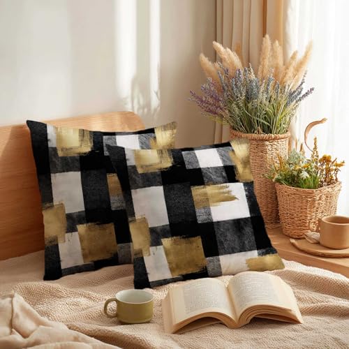 Black and Gold Abstract Throw Pillow Covers 18x18 Inch, Set of 2 | Modern Plaid Square Cushion Cases for Couch & Living Room | Contemporary Home Decor, Decorative Pillowcases - color: Black and Gold