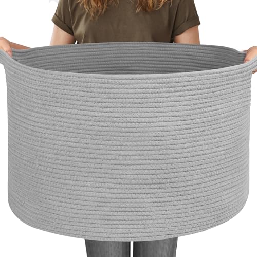 MEGASKET 115L Super Large Gray Blanket Basket, 23.6"x15.7" Woven Cotton Rope Storage Basket for Laundry, Towel, Pillow, Oversized Kids Dog Toy Storage Bin, Grey XXXL Blanket Holder for Living Room - color: Gray, size: 23.6"x23.6"x15.7"