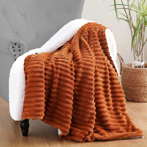 Burnt Orange Sherpa Fleece Throw Blanket 50”×60” for Couch Sofa Bed,Double Side Soft Fuzzy Cozy Plush Thick Flannel Blanket with Striped Design Gift for Mother Woman - color: Burnt Orange, size: 50×60inch