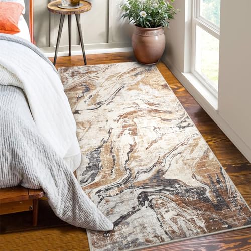2x6 Abstract Oriental Style Area Rug, Elegant Vintage Thin Carpet, Delicate Decorative Design, Sophisticated and Beautiful for Living Room, Bedroom, Entryway, Office - Brown - color: Brown, size: 2' x 6' (Rectangular)