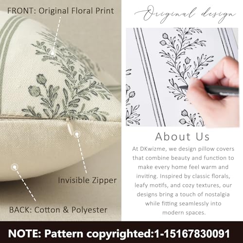 Vintage Throw Pillow Covers 16x16 Set of 2, Striped Floral Pillow Cover Botanical Patterned Decorative Cushion Covers Modern Farmhouse Home Decor for Sofa Couch Bed Living Room, Moss Green - color: Moss Green, size: 16" x 16" (Pack of 2)