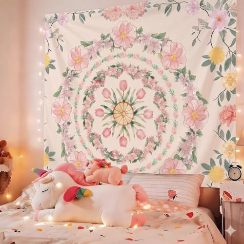 Tichgeim Pink Boho Mandala Floral Tapestry Wall Hanging for Bedroom, Bohemian Flower Aesthetic Cute Room Decor for Girls, Indian Style Tapestries for Dorm Office and Living Room 60" × 51" - color: Pink Mandala Tapestry, size: 60"L x 51"W
