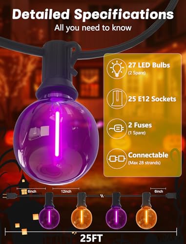 SUNSGNE G40 LED Outdoor Halloween String Lights 25FT Globe String Lights with 27 LED Shatterproof Clear Orange Purple Lights(2 Spare) for Patio Balcony Backyard Pergola Decor - color: Orange Purple, size: 25FT