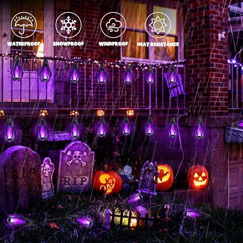 iBaycon Solar Halloween Lights, 27Ft 10 LED Bulbs Flickering Flame String Light, Outdoor Waterproof Solar Flame Lights for Garden Yard Patio Halloween Decorations (Purple) - color: Purple, size: 27FT