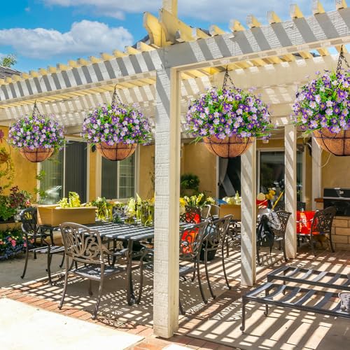 Ouddy Decor Artificial Hanging Flowers with Basket, Faux Silk Flowers in Coconut Lining Basket, Spring Summer Outdoor Decor Fake Hanging Plants for Garden Patio Yard Porch Lawn, Purple - color: Purple