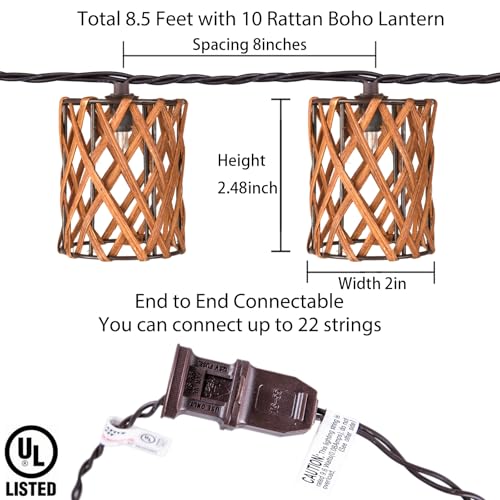Decorative String Lights Plug in with 10 Incandescent Bulbs, Handwoven Rattan Cylinder-shaped Boho Lantern String Lights Connectable Weatherproof Outdoor Indoor for Bedroom Patio Pergola Decor (Brown) - color: Brown