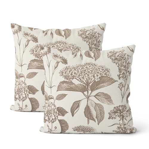 Vintage Brown Pillow Covers 16x16 Inch 2 Pcs Boho Beige Floral Decor Throw Pillows Hydrangea Flower Seasonal Outdoor Farmhouse Neutral Accent Decoration Pillowcase Linen Cushion Cover for Couch - color: Boho Brown Beige Hydrangea, size: 16" x 16" (Pack of