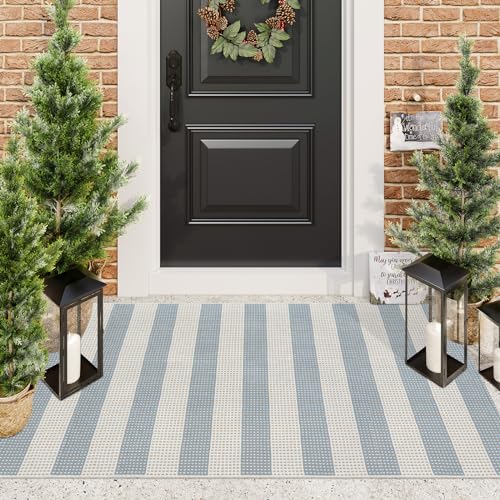 Outdoor Rug 3x5,Washable Striped Rug Front Porch Rugs,Indoor Outdoor Carpet Soft Hand Woven Rug Lightweight Front Door Rugs for Entry/Home Decor/Farmhouse(Blue and Cream) - color: Blue, size: 3'x5'