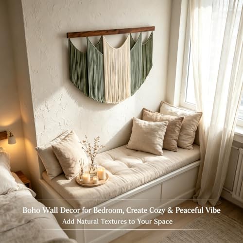 Large Boho Wall Art Decor, Macrame Wall Hanging Tapestry Handmade Cotton Yarn Dip Dyed Ombre for Living Room Bedroom Above Bed Headboard, Green Beige Sage 47.2 x 33.5 Inches Boho Home Decor Gift - color: 04-Tassel ornament