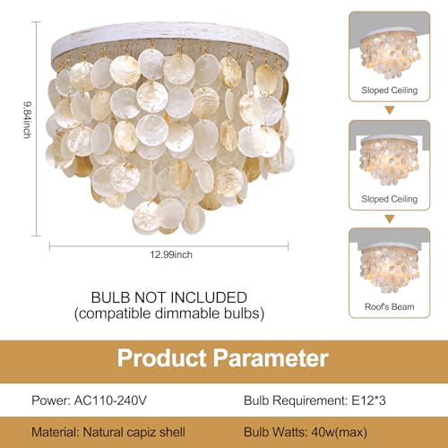 Capiz Shell Chandelier Ceiling Light, 3 Light Flush Mount Light for Bedroom, Hallway, Entryway,Bathroom，Nursey，Girls‘ Room，Vintage White with Gold Shells - size: 13 inch