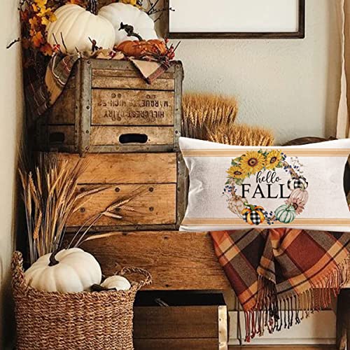 Hello Fall Pumpkin Pillow Covers 12x20 Inch Autumn Harvest Sunflowers Buffalo Check Orange Pumpkin Throw Lumbar Pillow Cover Thanksgiving Day Farmhouse Decorations Cushion Case - color: Hello Fall Pumpkin Sunflower