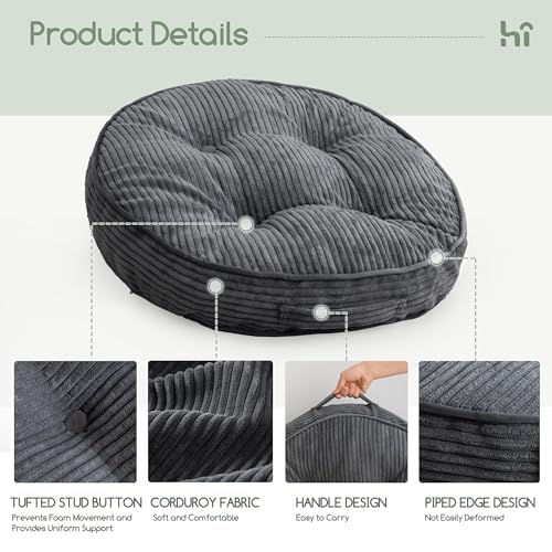 HIGOGOGO Floor Pillow Cushion for Adults, Meditation Cushion Pillow, Large Round Floor Sitting, Tufted Corduroy Cover, for Tatami Living Room or Yoga, 22x22 Inch, 2Pack, Dark Grey - color: Round Dark Grey, size: 4" Thick(Pack of 2)
