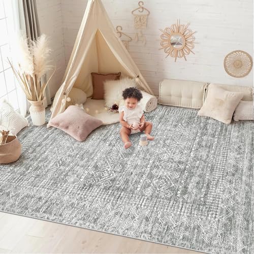 6x9 Area Rugs for Living Room: Washable Moroccan Geometric Boho Rug Farmhouse Non Slip Stain Resistant Large Rug Low Pile Soft Carpet for Bedroom Dining Room Home Office Children Room (Grey,6'x9') - color: Grey, size: 6' x 9' (Rectangular)